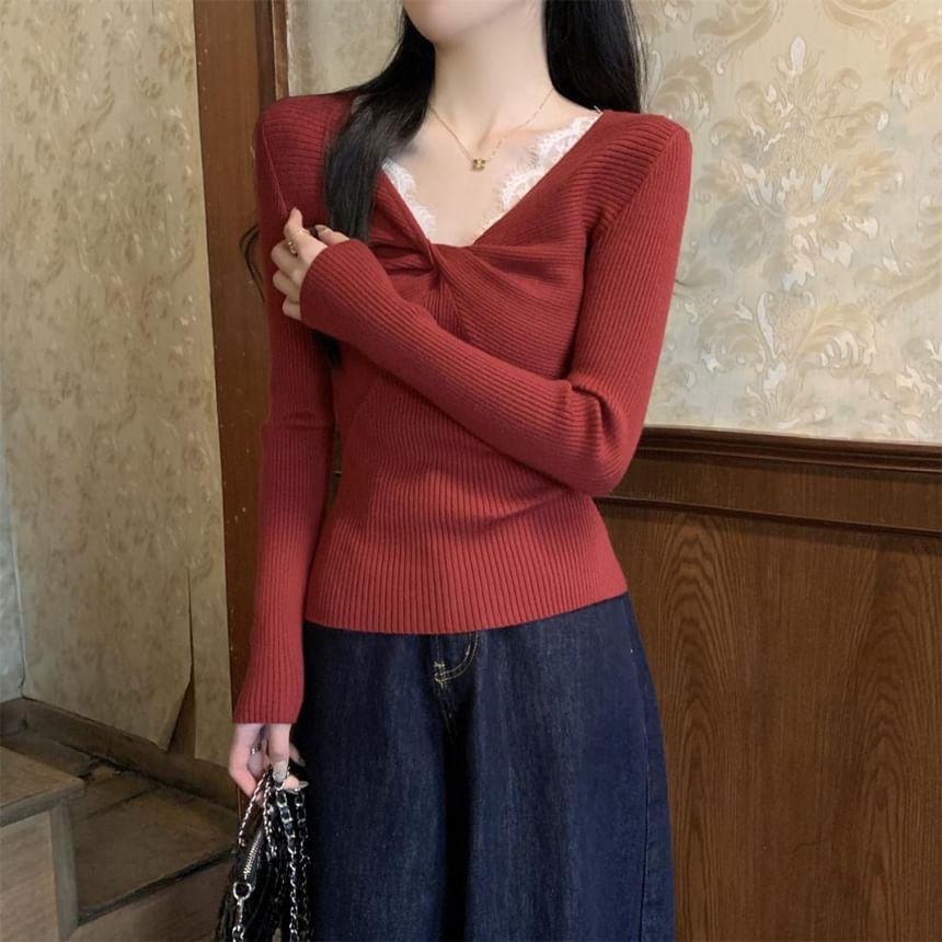 V-Neck Plain Knot Lace Trim Ribbed Sweater Product Image
