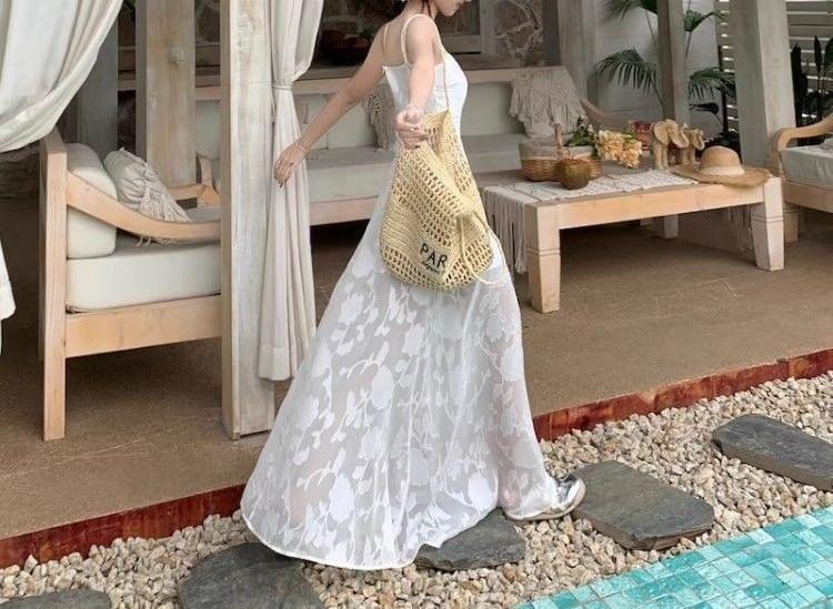 Spaghetti Strap Scoop Neck Floral Sheer Panel Maxi A-Line Dress Product Image