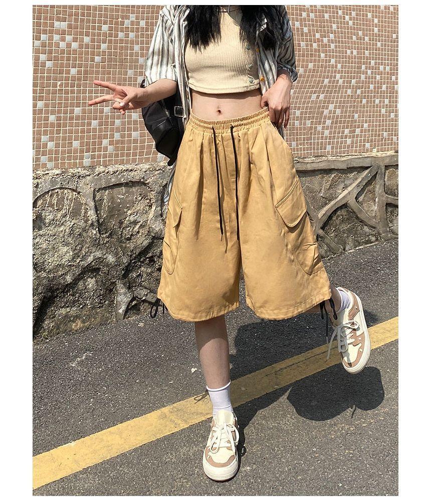 Drawstring Waist Plain Cargo Shorts Product Image