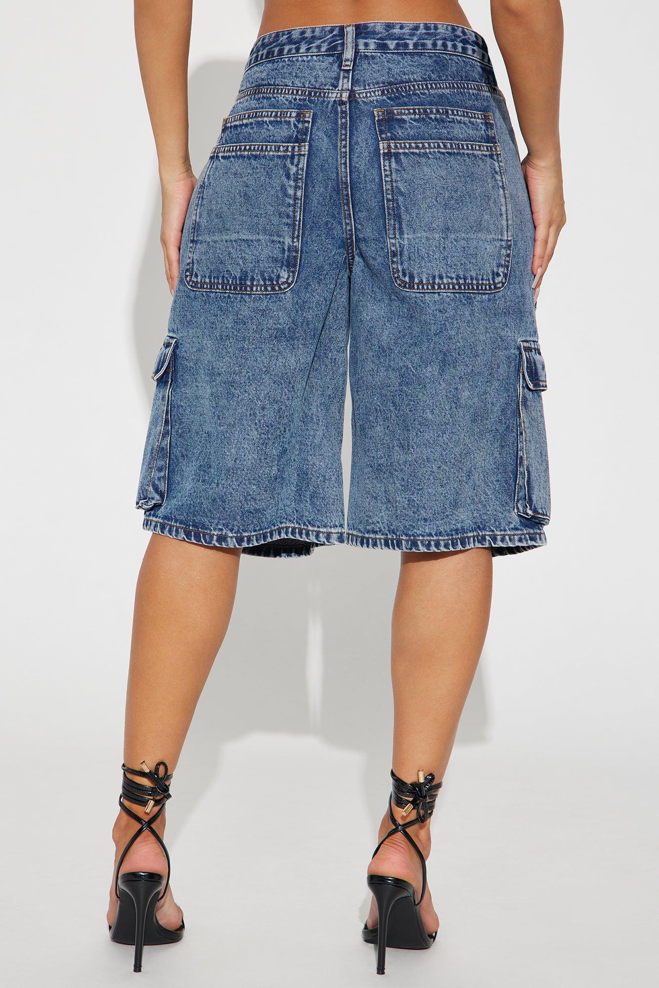 Frankie Acid Wash Cargo Denim Jorts - Medium Wash Product Image
