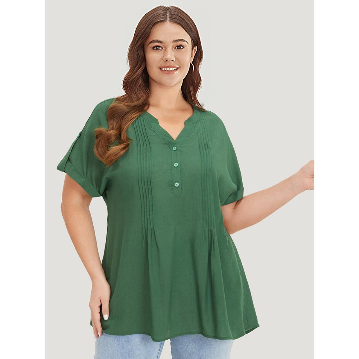 Plus Size ArmyGreen Solid Cuffed Sleeve Pleated Notched Blouse Women Elegant Short sleeve Notched collar Dailywear Blouses BloomChic 12/L Product Image