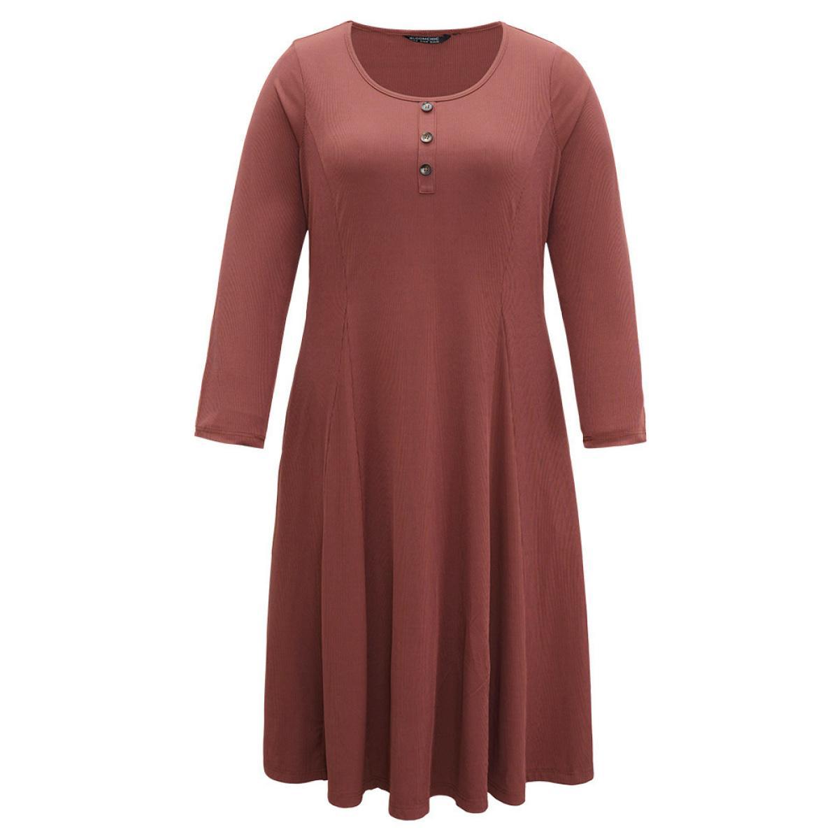 Plus Size Rib Knit Solid Button Up Pocket Ruffle Hem Dress Scarlet Women Casual Plain Round Neck Long Sleeve Curvy Midi Dress BloomChic 30/6X Product Image