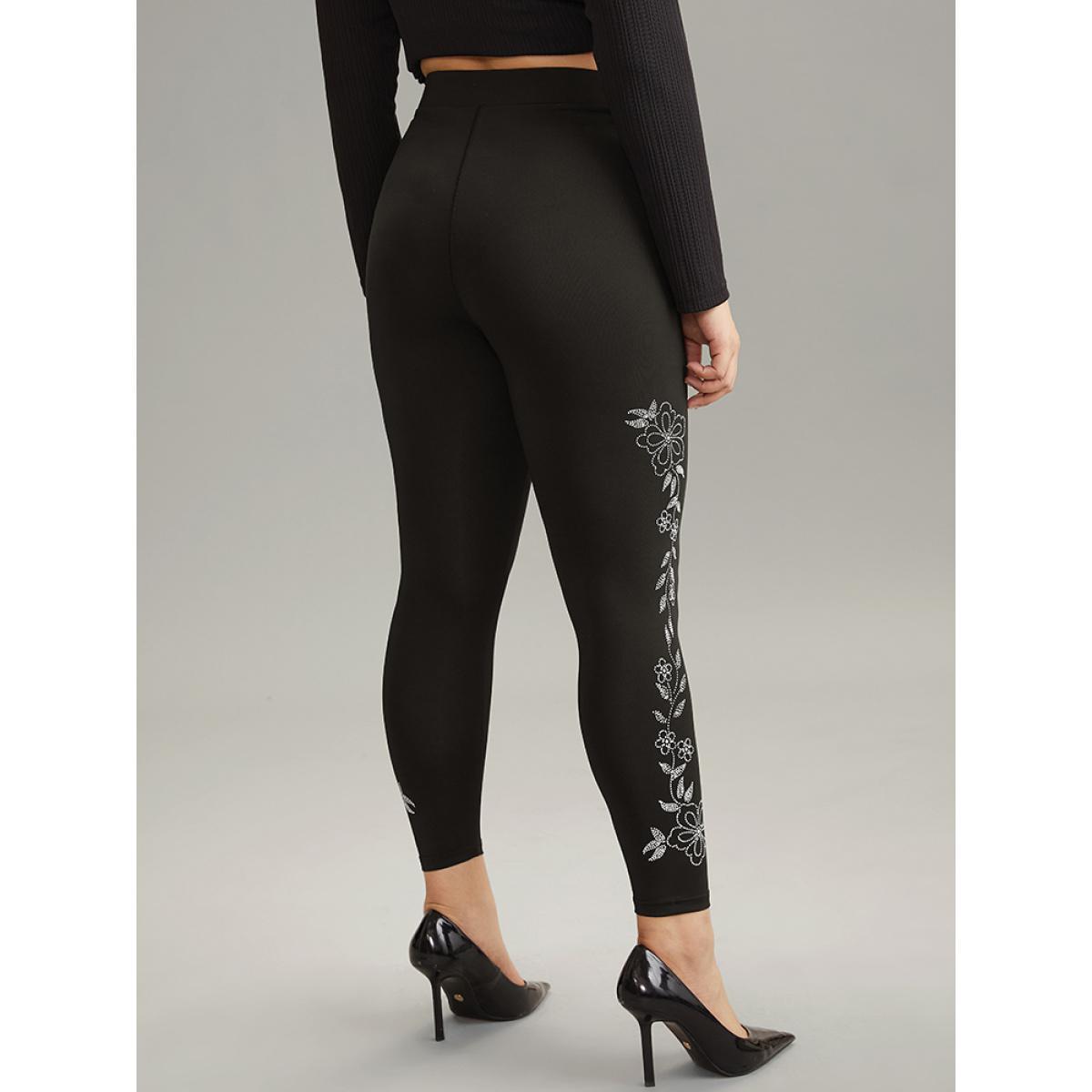 Plus Size Floral Rhinestone Patchwork High Rise Leggings Women Black Casual High stretch Skinny High Rise Dailywear Leggings BloomChic 22-24/3X Product Image