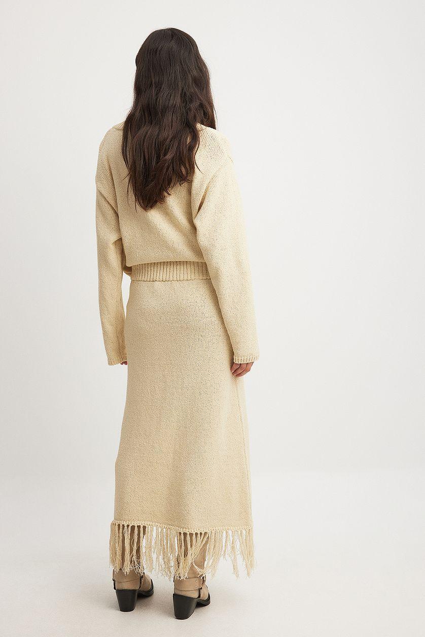 Knitted Fringe Detail Midi Skirt Beige Product Image