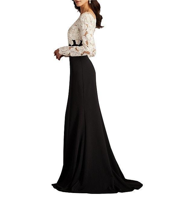 Tadashi Shoji Illusion V-Neck Long Sleeve Lace Bodice Crepe Gown Product Image