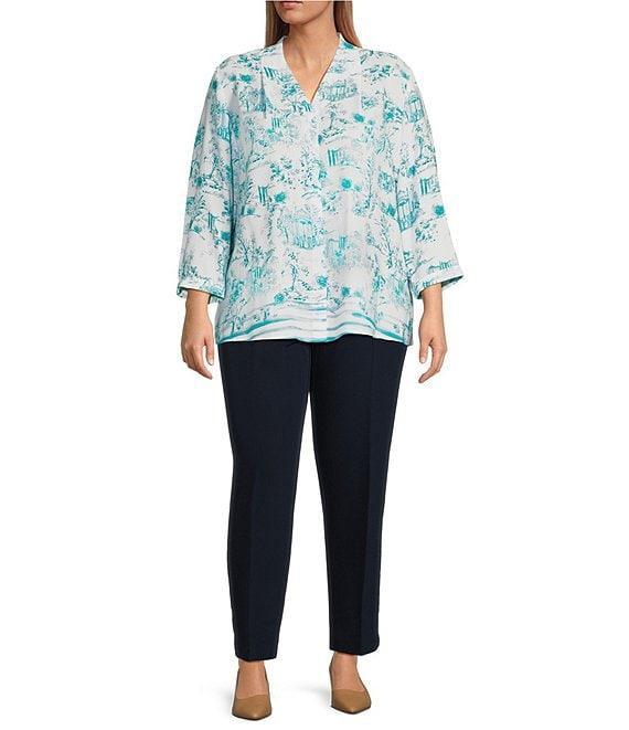 Investments Plus Size Caroline Signature Painted Toile V-Neck 3/4 Sleeve Button Front Blouse Product Image