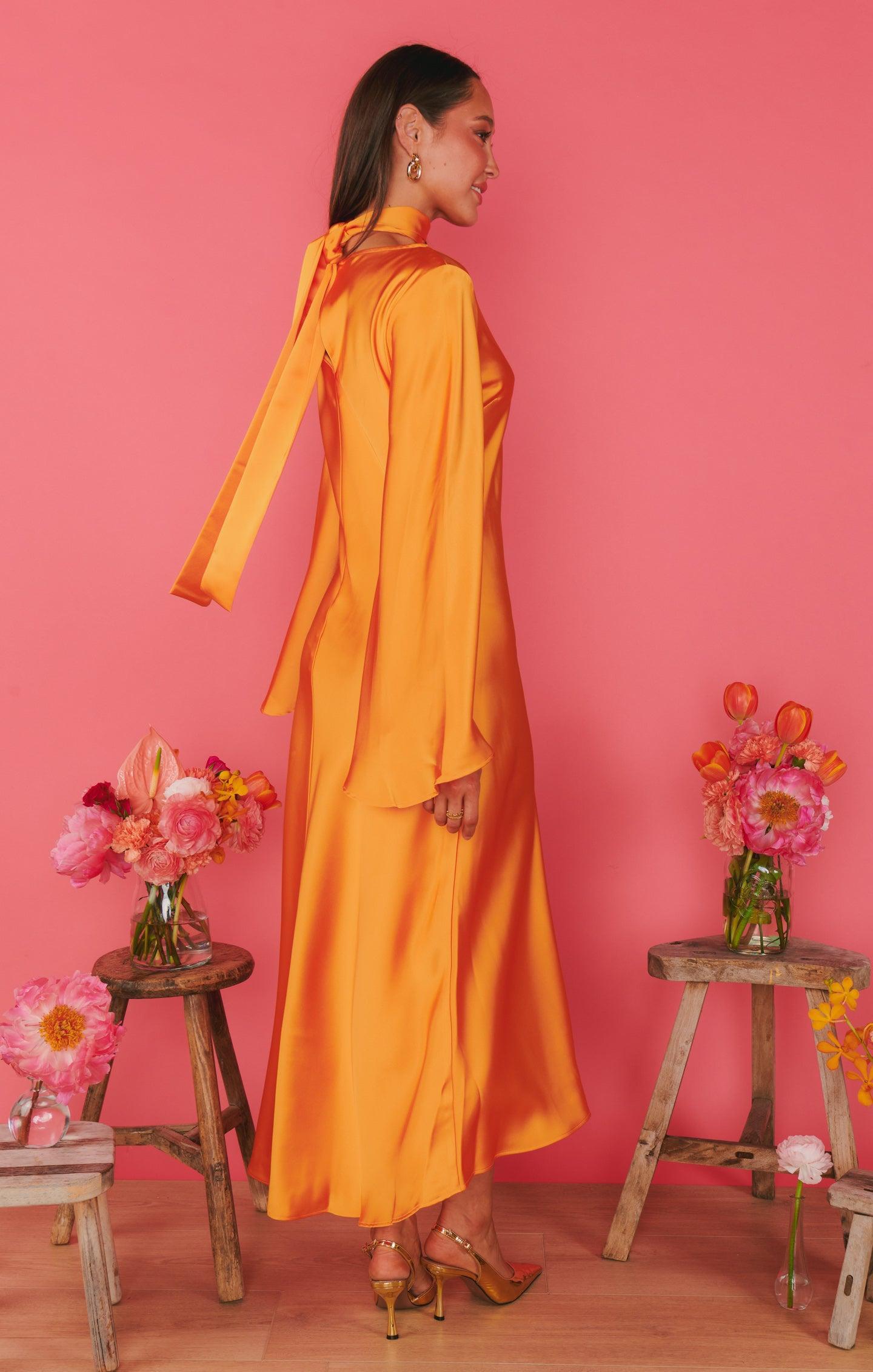 Sarah Midi Dress ~ Tangerine Fluid Satin Product Image