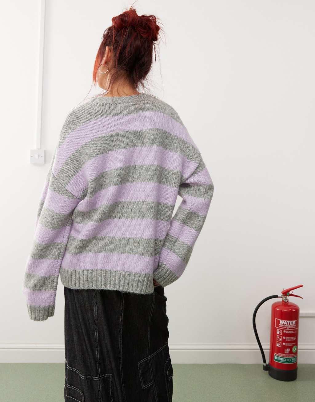 Monki crew neck knit sweater in gray and purple stripe Product Image