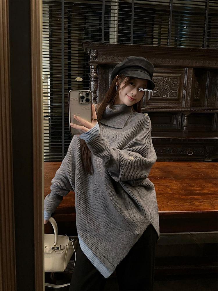 Turtleneck Batwing Sleeve Drop Shoulder Sweater / Mid Waist Flared Jeans Product Image
