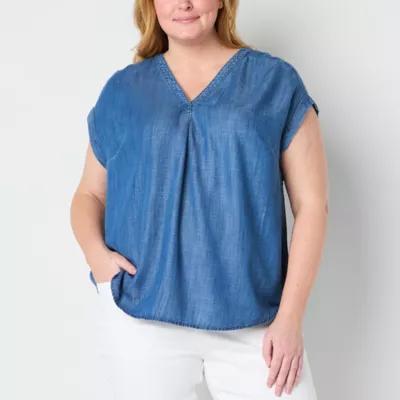 Liz Claiborne Plus Womens V Neck Short Sleeve Blouse Product Image