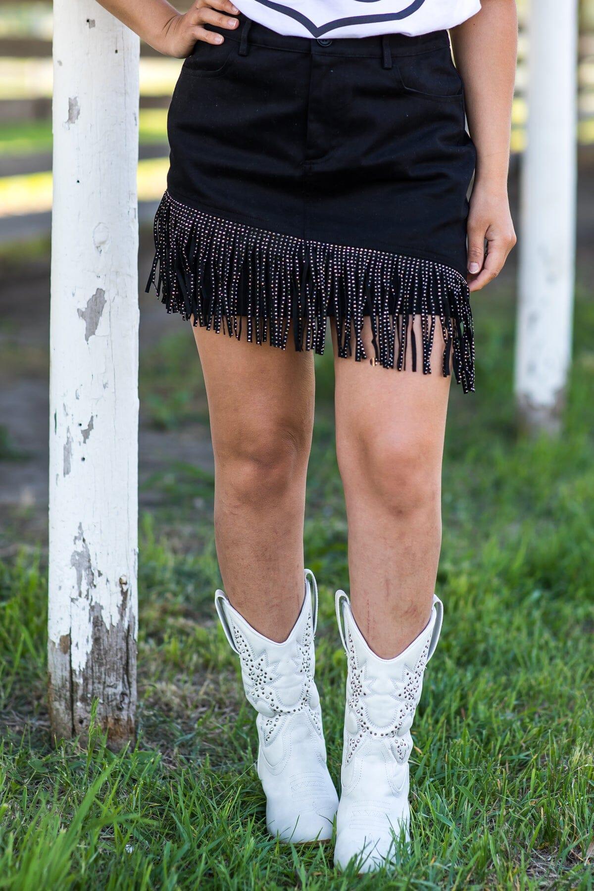 Black Denim Skirt With Fringe Detail Product Image