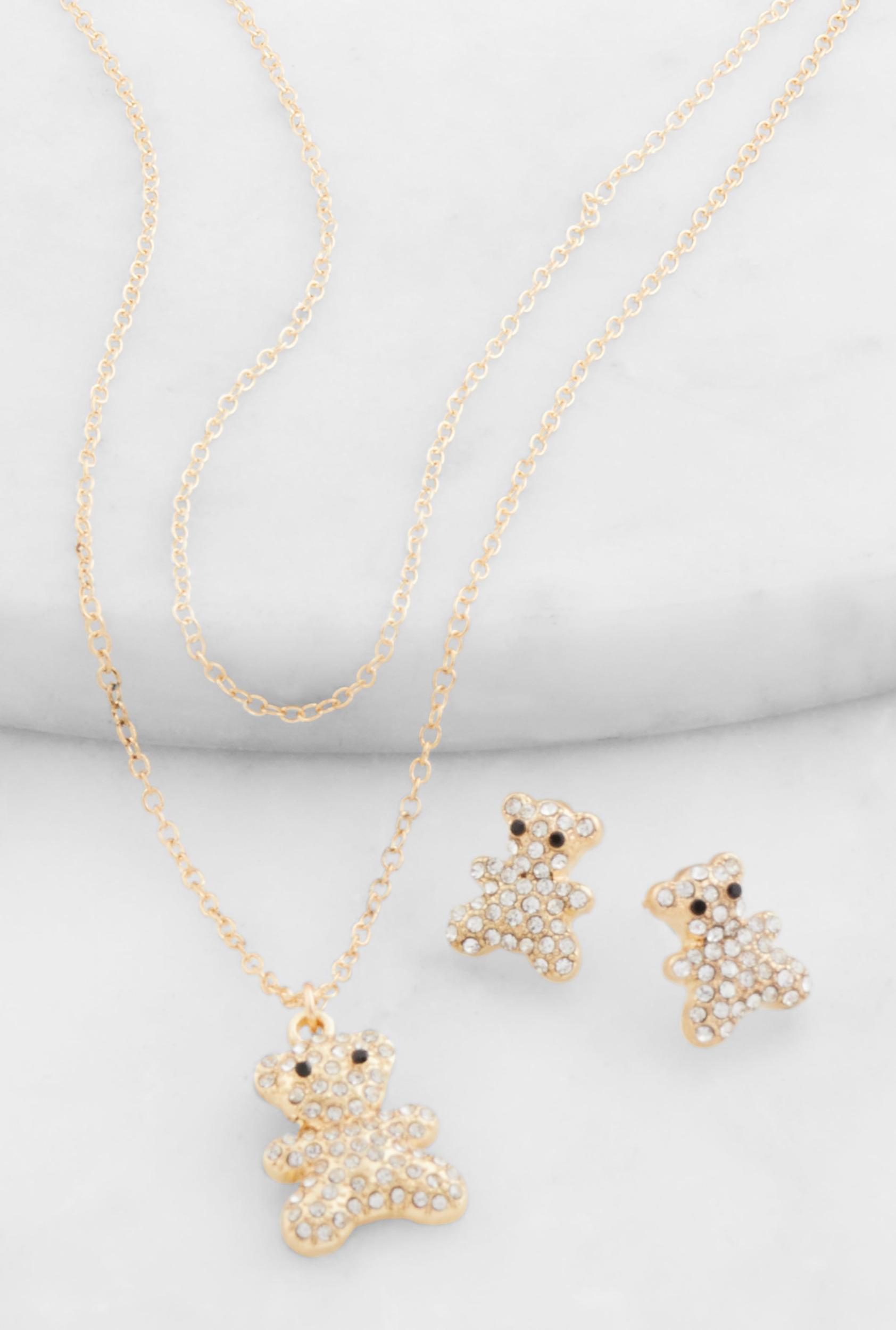 Cubic Zirconia Bear Layered Necklace and Stud Earrings Female Product Image