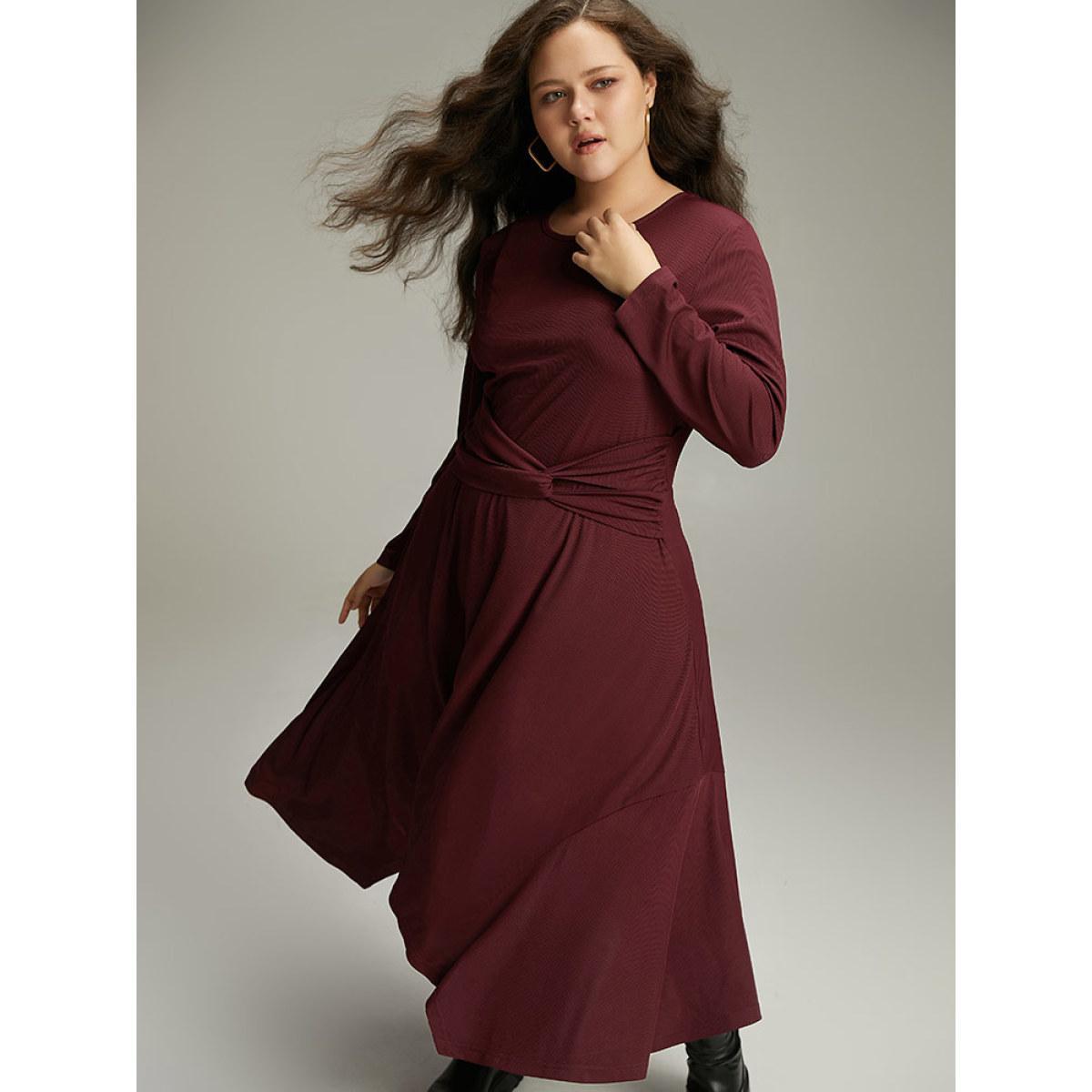 Plus Size Solid Rib Knit Crew Neck Twist Front Dress Burgundy Women Casual Plain Round Neck Long Sleeve Curvy Midi Dress BloomChic 18-20/2X Product Image