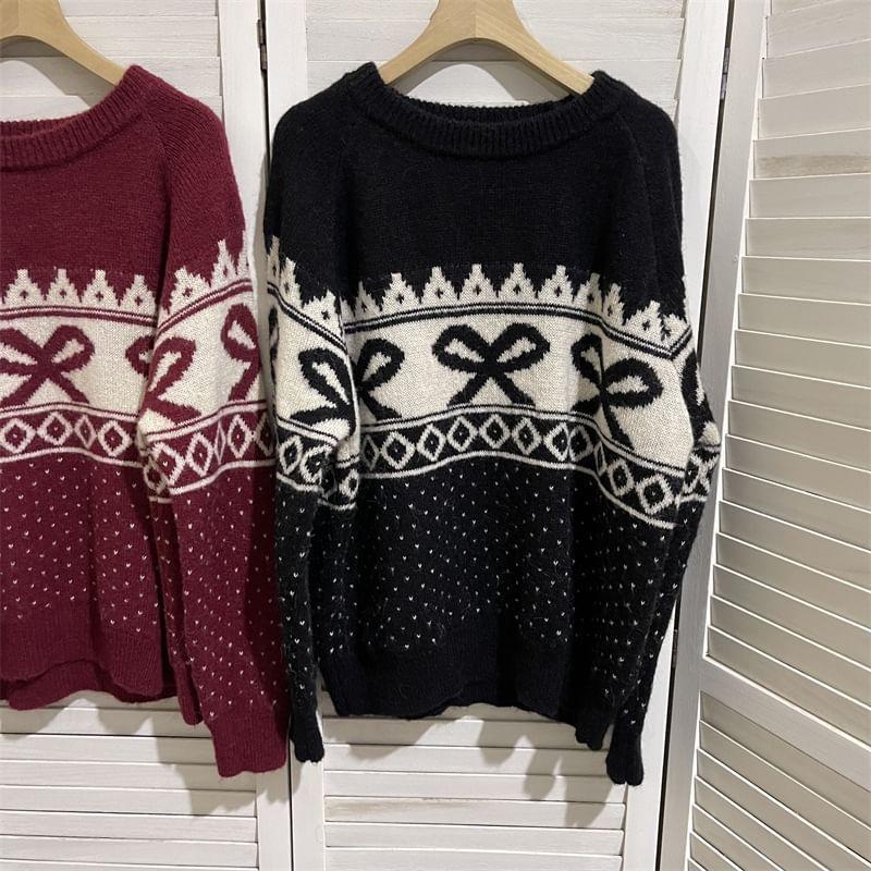 Crew Neck Patterned Oversized Sweater Product Image