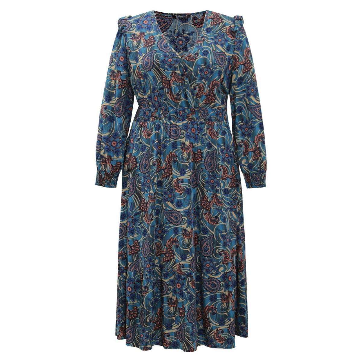 Plus Size Bandana Print Shirred Pocket Frill Trim Dress Aegean Women Vacation Wrap Overlap Collar Long Sleeve Curvy Midi Dress BloomChic 12/L Product Image