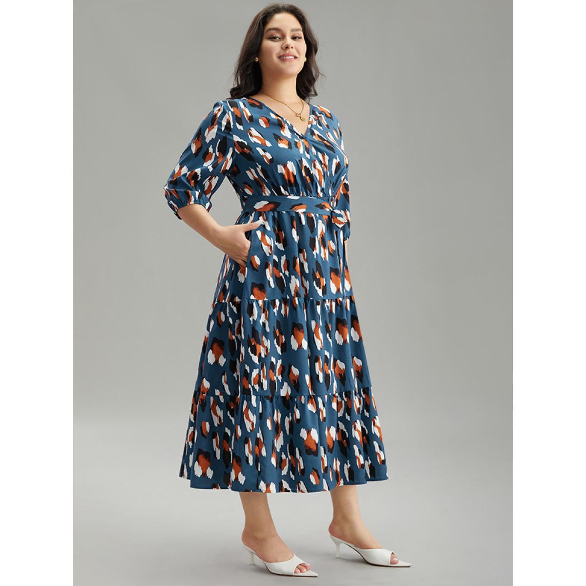 Plus Size Allover Print Ruffle Layered Hem Wrap Belted Dress Cerulean Women Office Elastic cuffs Overlap Collar Elbow-length sleeve Curvy Midi Dress BloomChic 30/6X Product Image