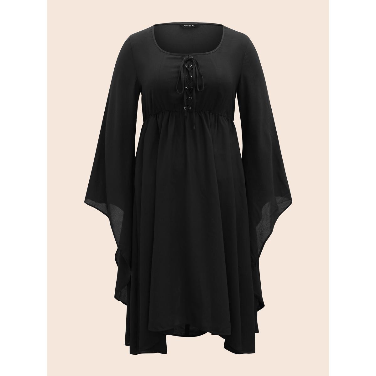 Plus Size Solid Bell Sleeve Pocket Ties High Low Hem Dress Black Women Elegant Non V-neck Long Sleeve Curvy Midi Dress BloomChic 26/4X Product Image