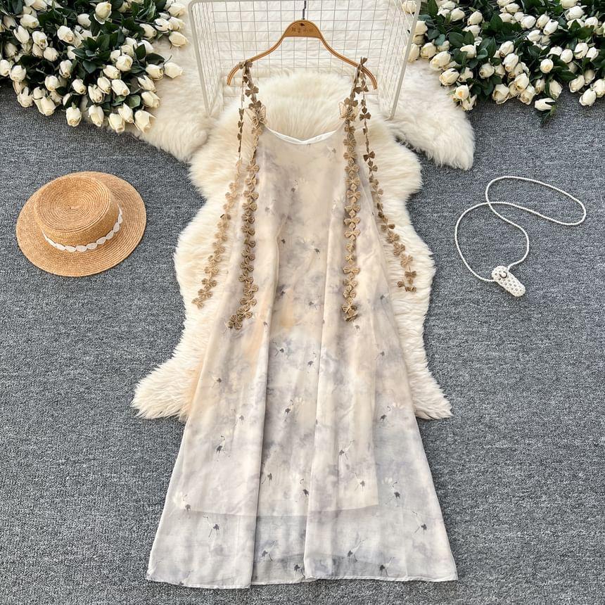 Spaghetti Strap Scoop Neck Fringed Open Back Maxi Tunic Dress Product Image