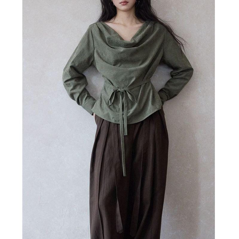 Long Sleeve Cowl Neck Plain Tie-Waist Top Product Image