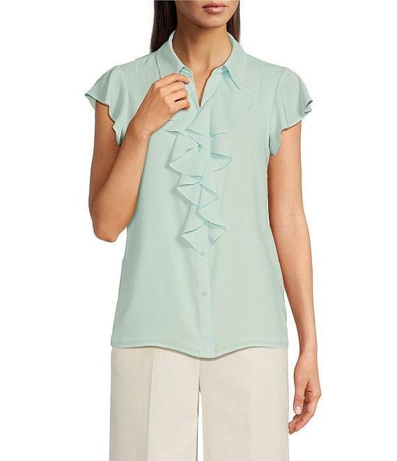Calvin Klein Flutter Sleeve Collared Ruffle Button Front Blouse Product Image