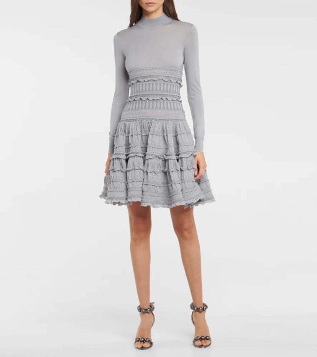 ALAÏA Women's Tiered Fit-&-flare Wool Knit Dress In Grey Product Image