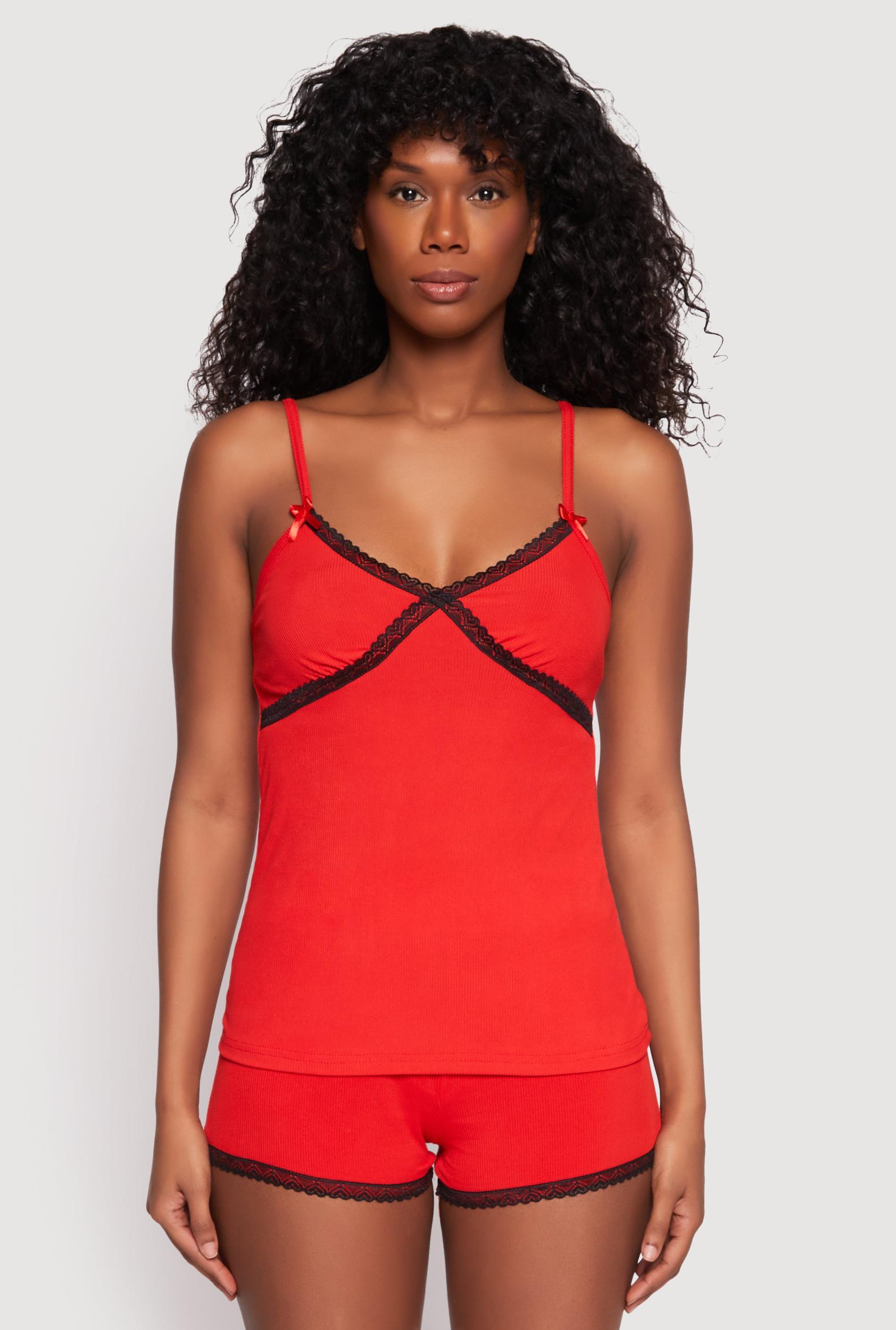 Womens Rib Knit Lace Trim Pajama Cami with Shorts Product Image