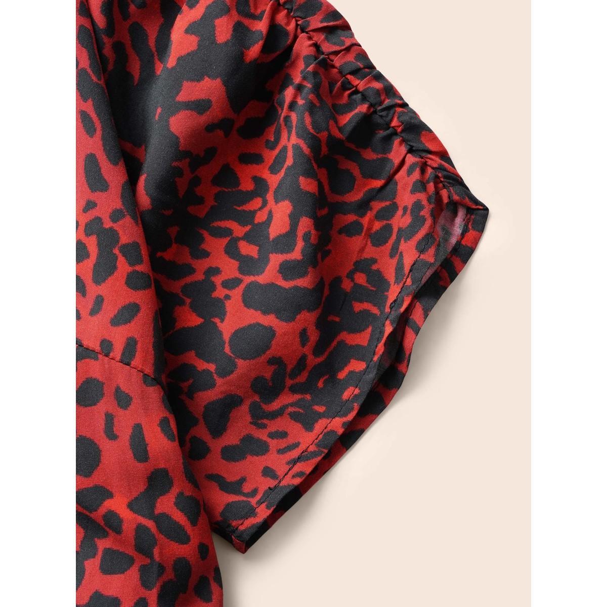 Plus Size Leopard Print V Neck Gathered Dress Burgundy Women Elegant Gathered Overlap Collar Short sleeve Curvy BloomChic 30/6X Product Image