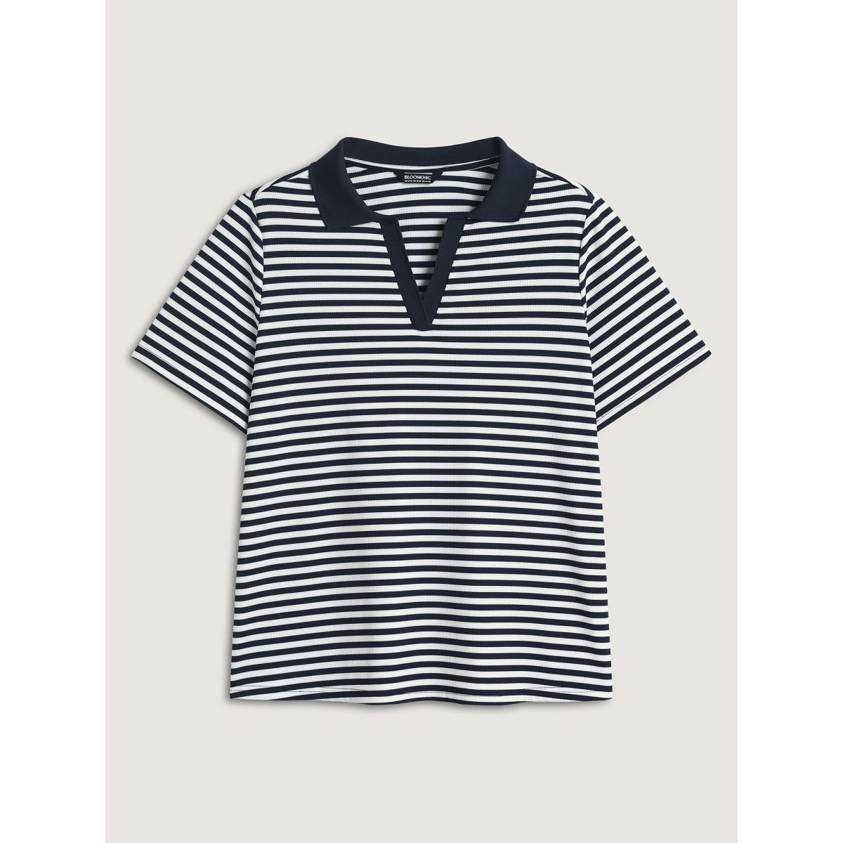 Plus Size Polo Collar Stripes Contrast T-Shirt Indigo Women Contrast Polo Everyday-Casual T-shirts BloomChic 18-20/2X Product Image