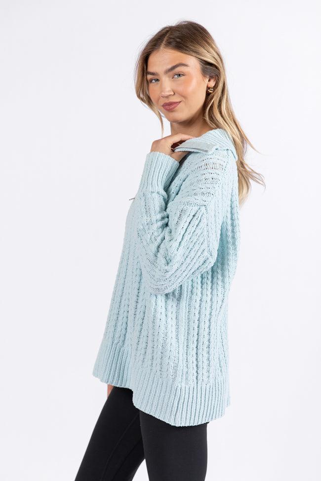 Forever Yours Blue Cable Knit Chenille Quarter Zip Sweater Product Image