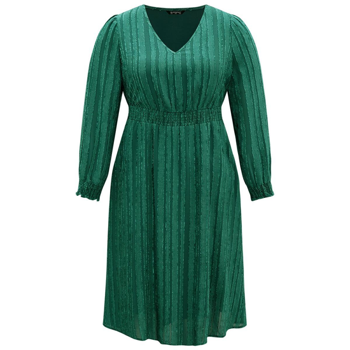 Plus Size Solid Lantern Sleeve Pocket Plisse Shirred Dress DarkGreen Women Party Texture V-neck Long Sleeve Curvy Midi Dress BloomChic 30/6X Product Image