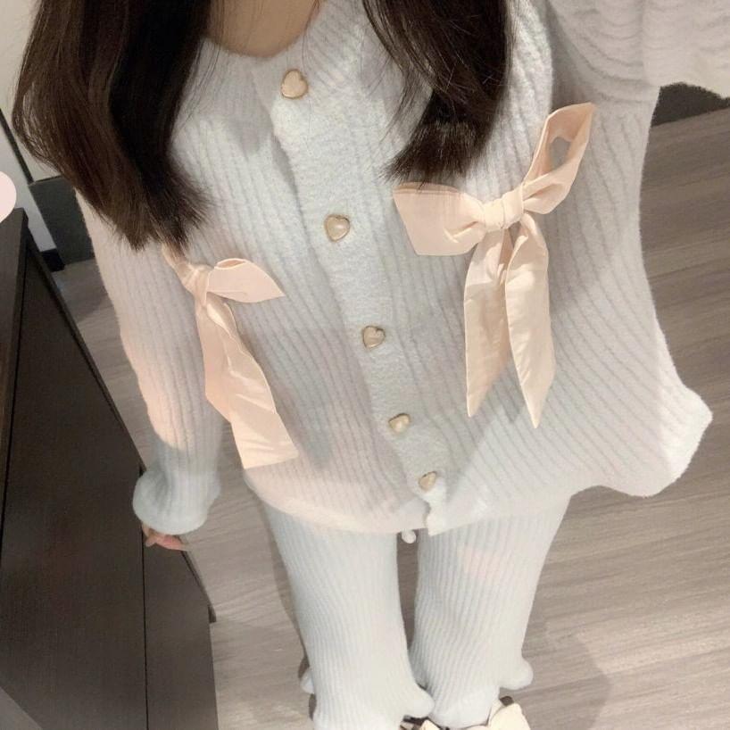 Pajama Set: Round Neck Bow Heart Button Cardigan + Straight Leg Pants Product Image