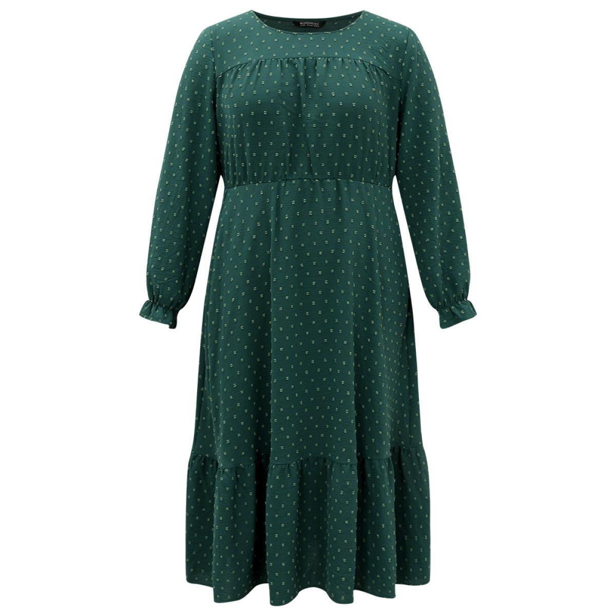 Plus Size Plisse Polka Dot Pocket Layered Hem Dress DarkGreen Women Elegant Texture Round Neck Long Sleeve Curvy Midi Dress BloomChic 26/4X Product Image