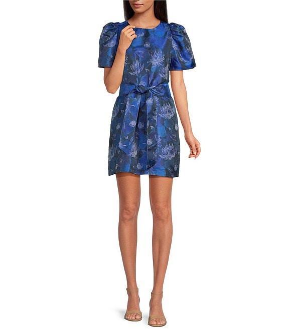 Abbey Glass Marty Floral Print Jacquard Round Neck Short Sleeve Shift Mini Dress Product Image
