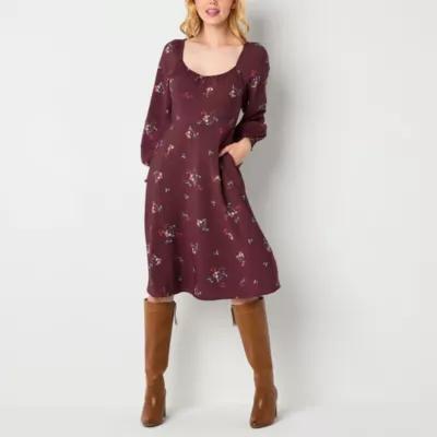 a.n.a Womens Long Sleeve Floral Midi A-Line Dress Product Image