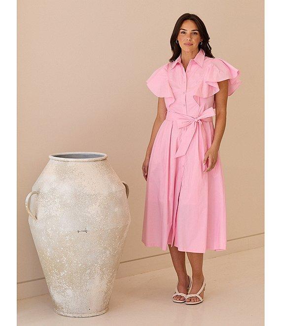 Brave + True Marigold Cotton Ruffle Sleeve Collared V-Neck Button Front Midi Dress Product Image