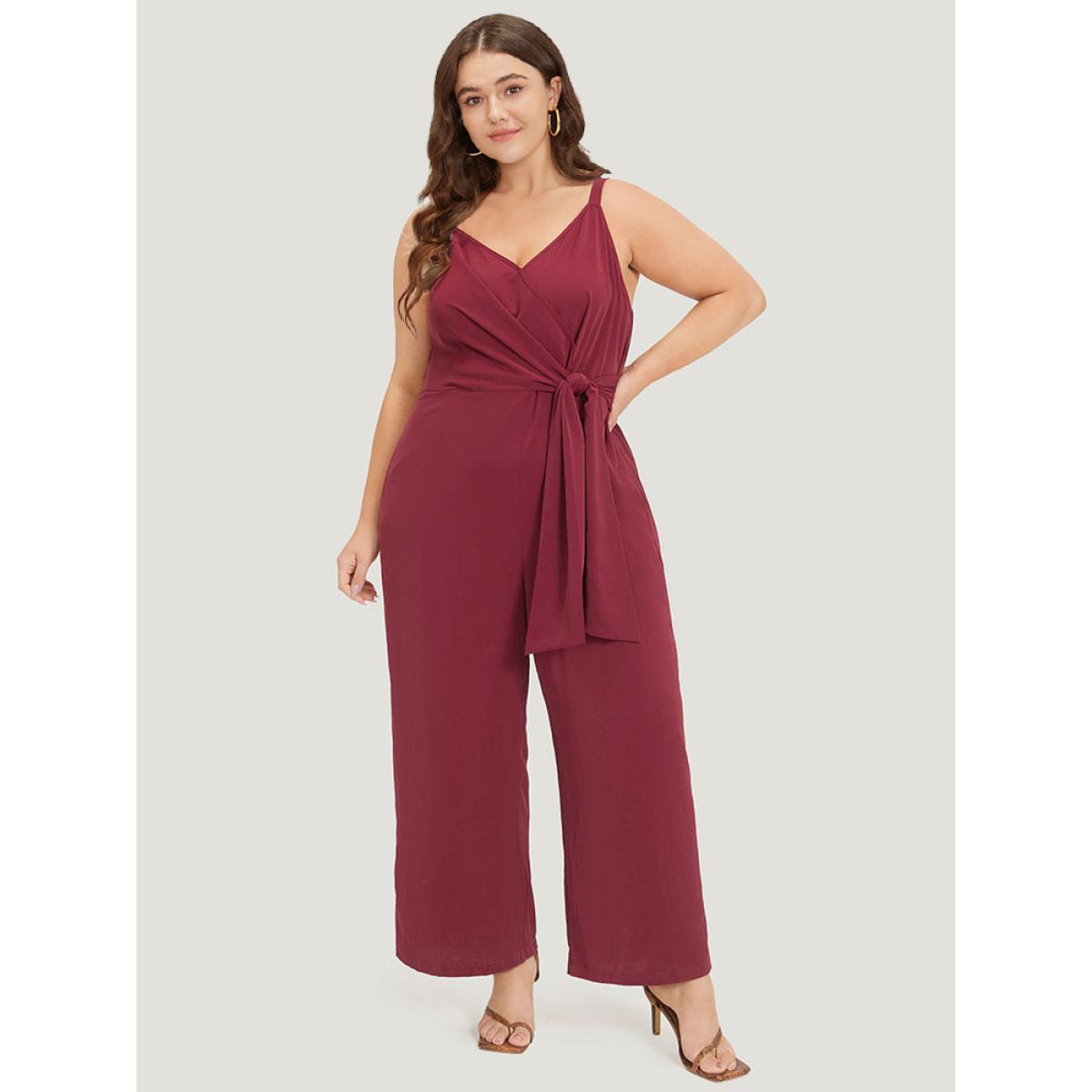 Plus Size Scarlet Plain Surplice Neck Twist Front Cami Jumpsuit Women Elegant Sleeveless Spaghetti Strap Dailywear Loose Jumpsuits BloomChic 12/L Product Image