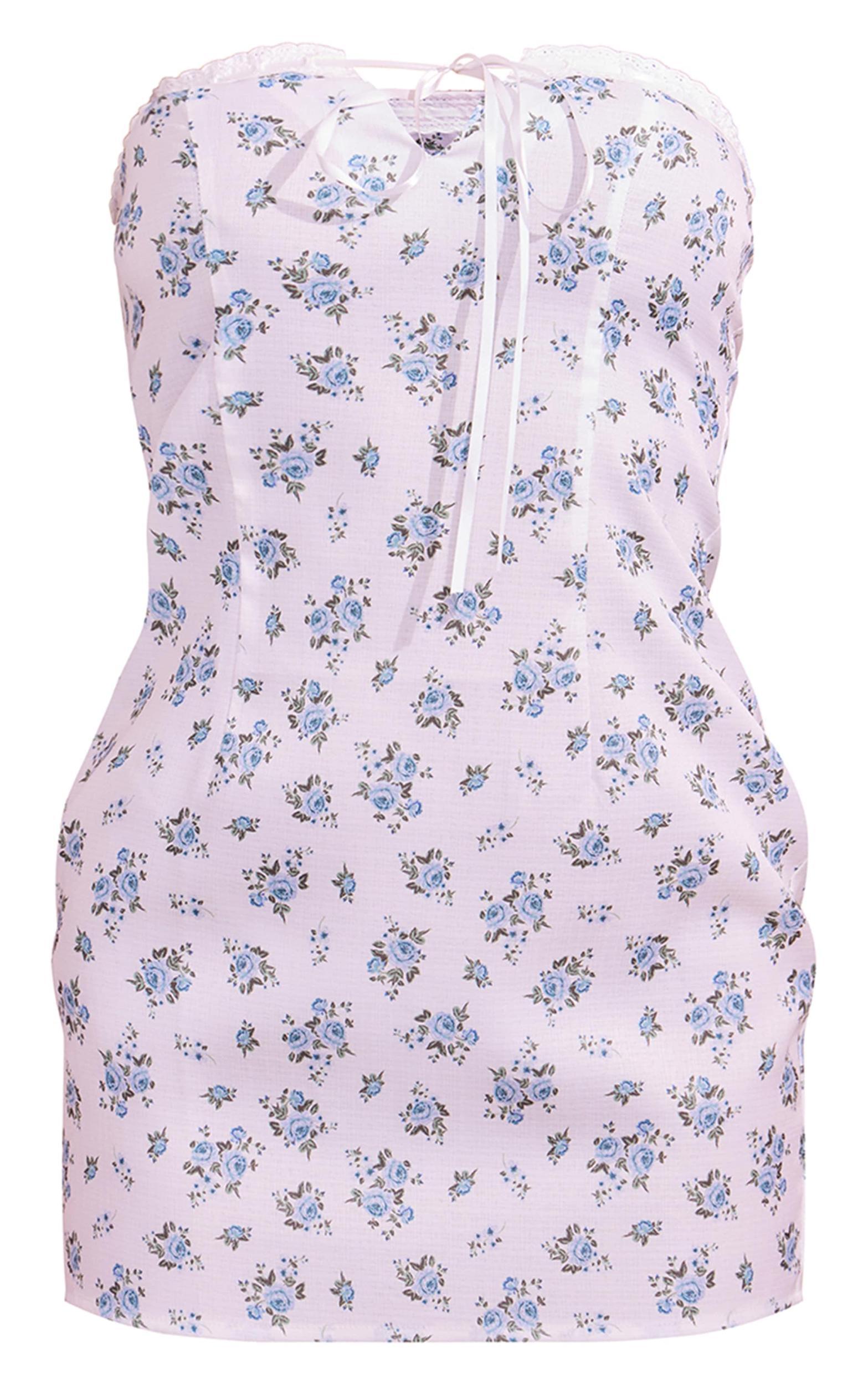 White Ditsy Floral Woven Bandeau Tie Lace Detail Mini Dress Product Image