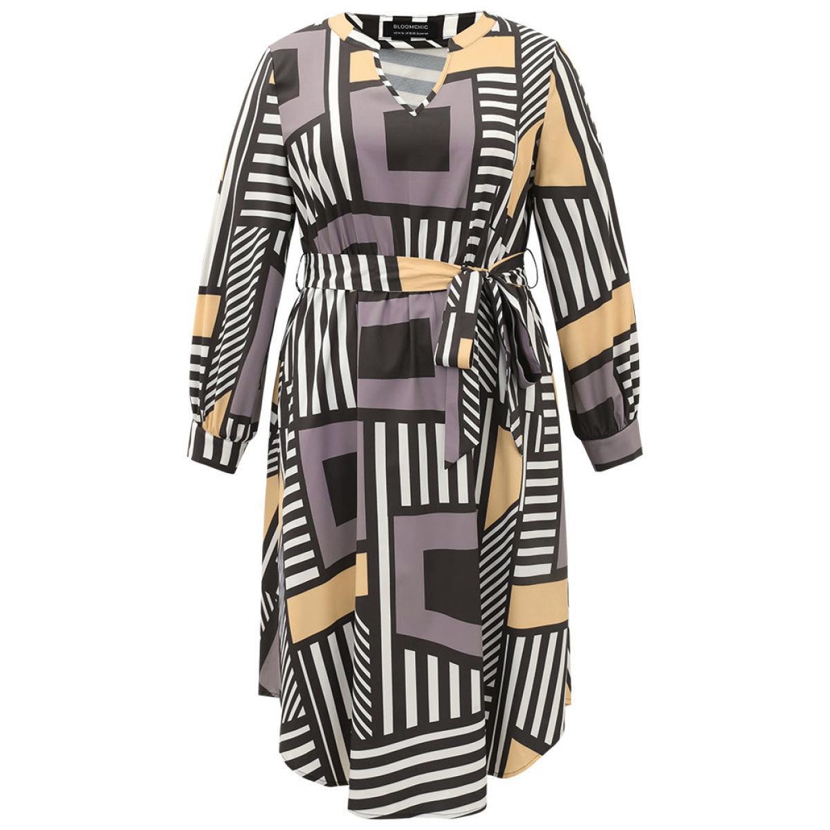 Plus Size Colorblock Geometric Notched Elastic Waist Arc Hem Dress Multicolor Women Office Printed Notched collar Long Sleeve Curvy Midi Dress BloomChic 30/6X Product Image