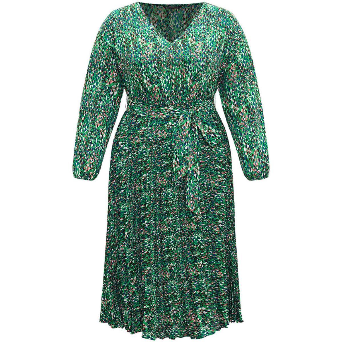 Plus Size Ditsy Floral Belted Pleated Dress Cyan Women Glamour Belted V-neck Long Sleeve Curvy Midi Dress BloomChic 30/6X Product Image