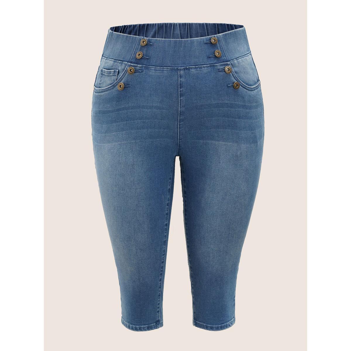 Plus Size Light Wash Button Detail Pull On Jegging Jeans Women Blue Casual Plain Non High stretch Slanted pocket Jeans BloomChic 16/1X Product Image