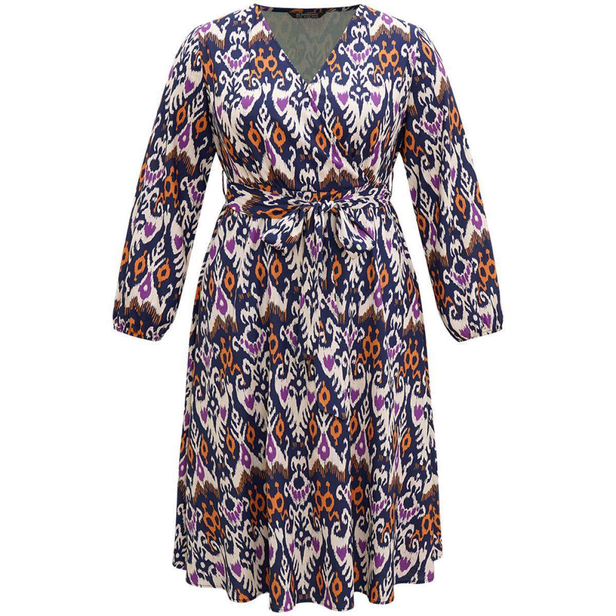 Plus Size Boho Print Overlap Collar Elastic Waist Belted Dress DarkBlue Women Resort Elastic cuffs Overlap Collar Long Sleeve Curvy Midi Dress BloomChic 18-20/2X Product Image