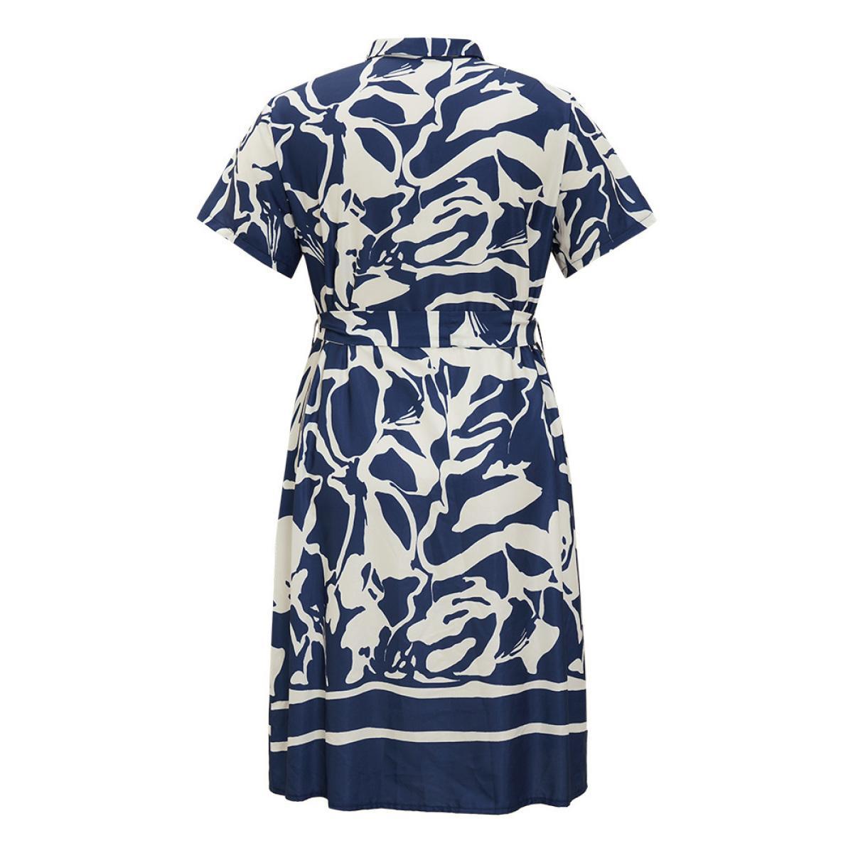 Plus Size Geometric Print Flutter Pocket Belt Shirt Collar Dress DarkBlue Women Elegant Lapel Collar Short sleeve Curvy Knee Dress BloomChic 28/5X Product Image