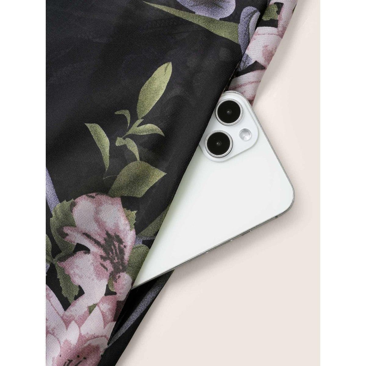 Plus Size Black Chiffon Floral Crisscross Hanky Hem Blouse Women Elegant Short sleeve V-neck Everyday Blouses BloomChic 12/L Product Image