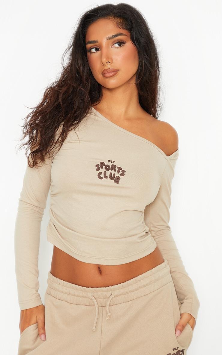 Petite Stone Long Sleeve Scoop Logo Ruched Top Product Image
