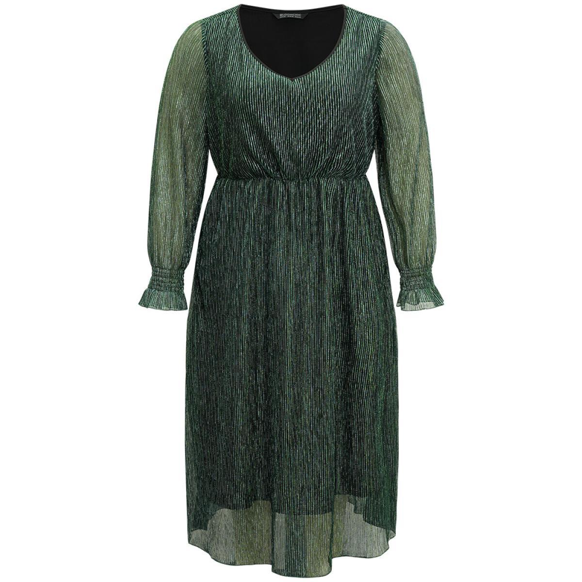 Plus Size Plain Texture Elastic Waist Shirred Mesh Dress DarkGreen Women Cocktail Texture V-neck Long Sleeve Curvy Midi Dress BloomChic 26/4X Product Image