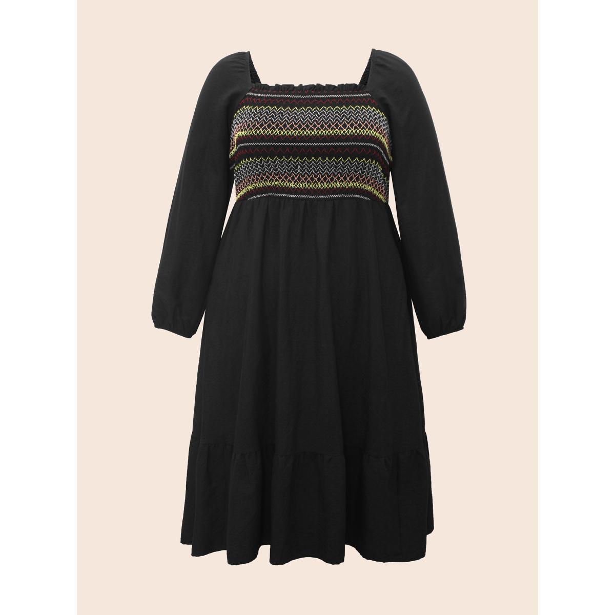 Plus Size Colored Striped Shirred Frill Trim Dress Black Women Elegant Topstitching Square Neck Long Sleeve Curvy BloomChic 10/M Product Image