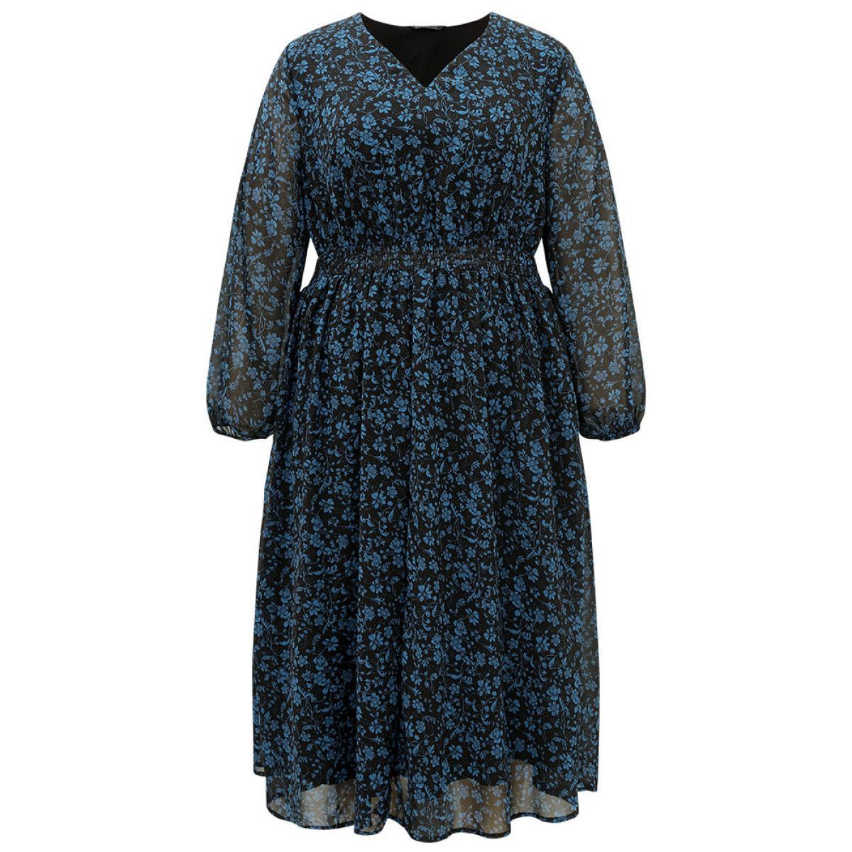 Plus Size Chiffon Ditsy Floral Pocket Shirred Cuffs Dress Black Women Elegant Elastic cuffs V-neck Long Sleeve Curvy Midi Dress BloomChic 10/M Product Image