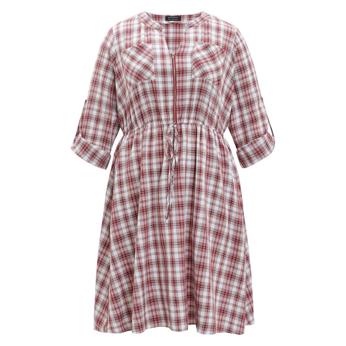 Plus Size Plaid Drawstring Zipper Notched Tab Sleeve Dress Raspberry Women Elegant Zipper Notched collar Long Sleeve Curvy Knee Dress BloomChic 10/M Product Image
