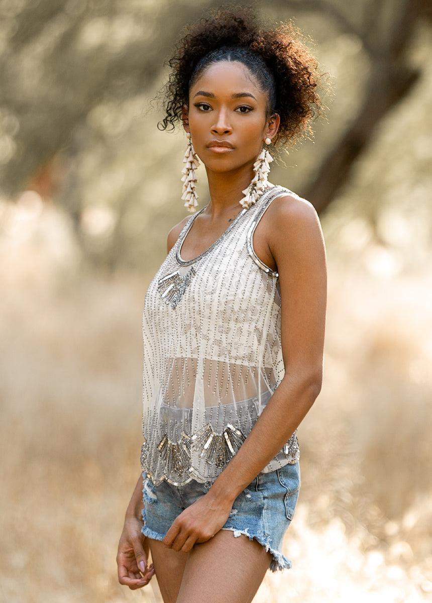 Laken Beaded Top in Champagne Female Product Image