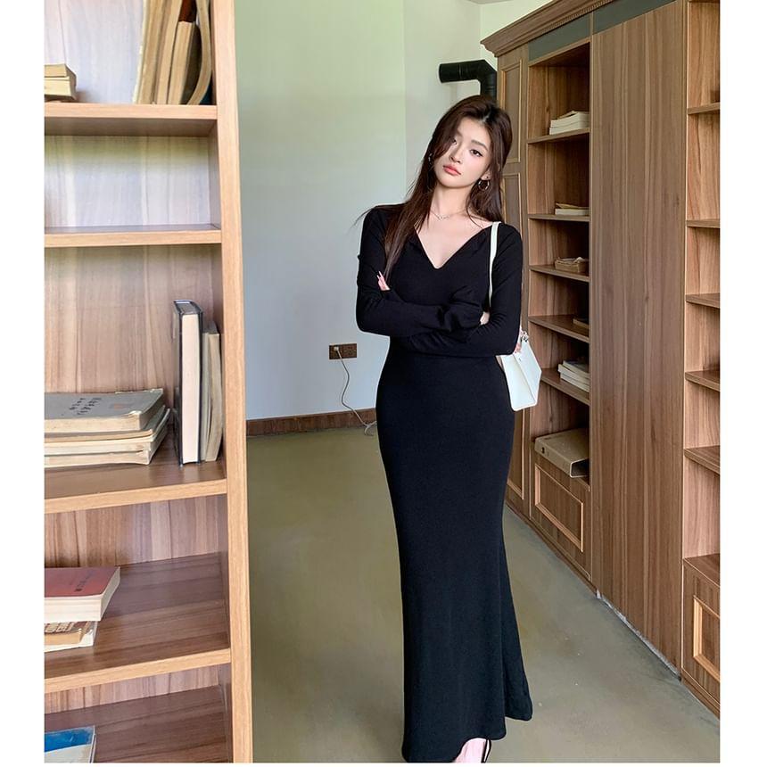 Long Sleeve Open Placket Plain Maxi Sheath Dress Product Image